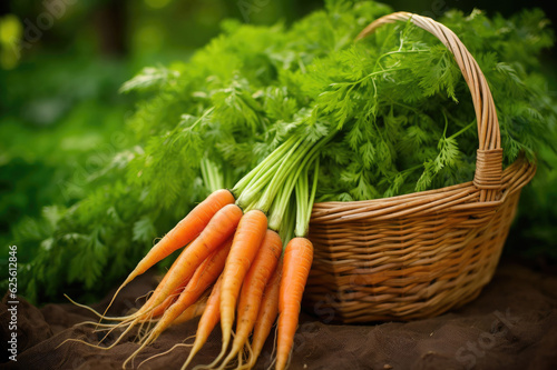 Wicker basket full of carrots on green leaves background
