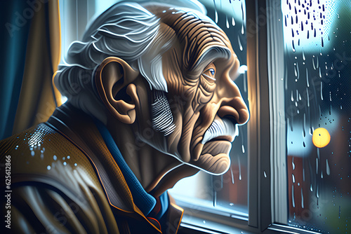 old man looking out the window on a rainy day. Generative AI