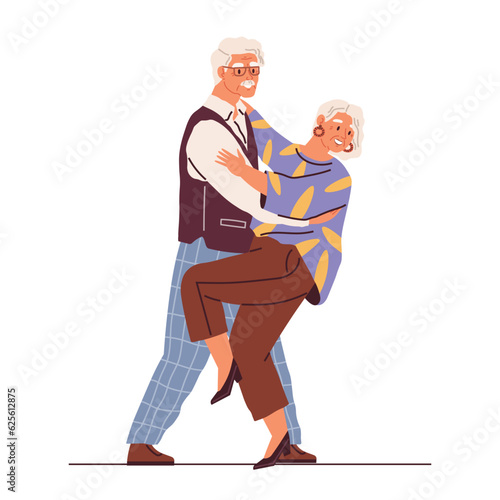 Old couple dance. Vector illustration. Man and woman hold hands and demonstrate dance moves. Grandma and grandpa at the dance. Retired senior couple dancing together. Aged people having fun