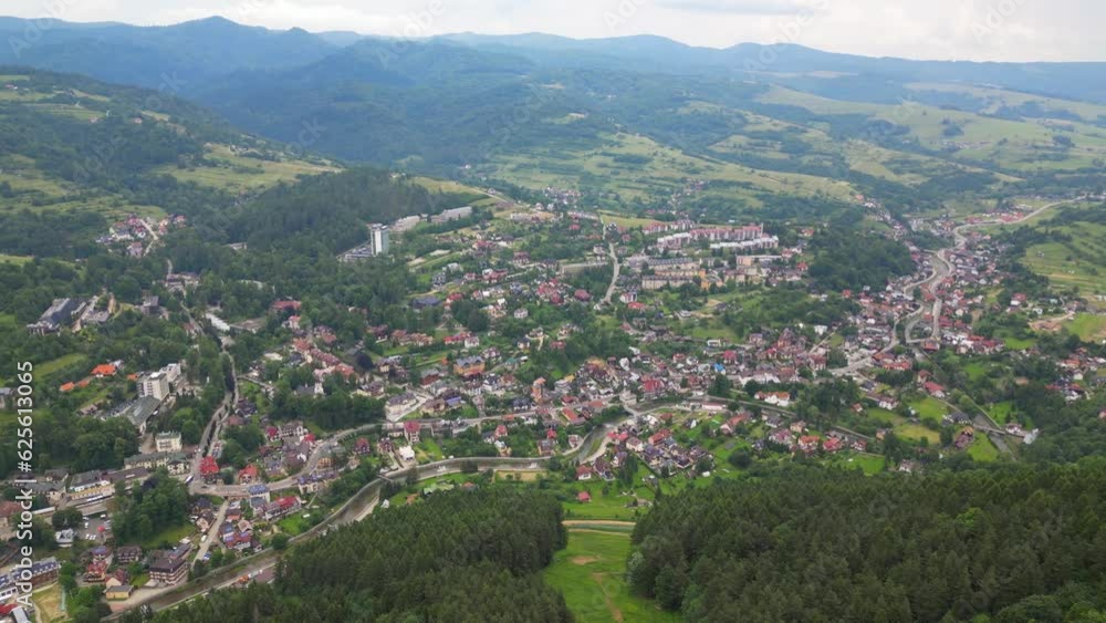 Flying high over Szczawnica town in Pieniny National Park, Poland Flying high over Szczawnica town in Pieniny National Park, Poland