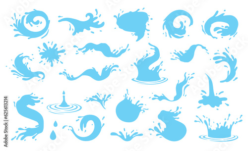 Water splash, river splashes, waves, spray, spill, dripping water drops. Fresh water splash silhouettes set vector illustration. Falling droplets of fountain and circle ripples. Blue drop shape logo