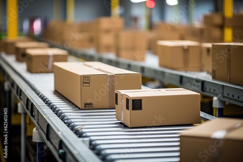 Cardboard boxes glide on conveyor belt, showcasing e-commerce, delivery, and automation in a warehouse fulfillment center - Generative ai © Nld