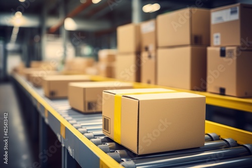 Cardboard boxes glide on conveyor belt, showcasing e-commerce, delivery, and automation in a warehouse fulfillment center - Generative ai