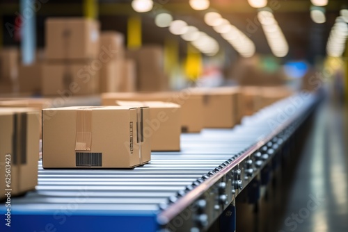Cardboard boxes glide on conveyor belt, showcasing e-commerce, delivery, and automation in a warehouse fulfillment center - Generative ai