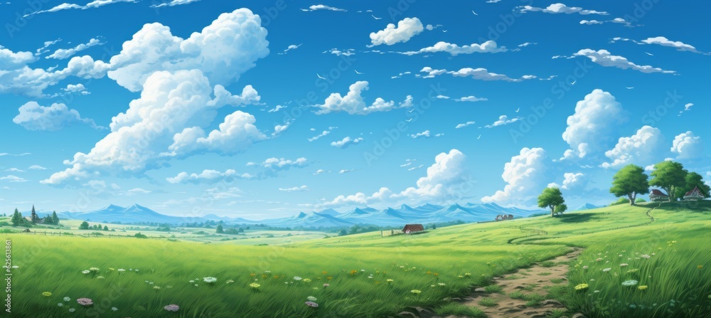 Green grass hill landscape with clear blue sky. Generative AI technology. Green grass hill landscape with clear blue sky. Generative AI technology.
