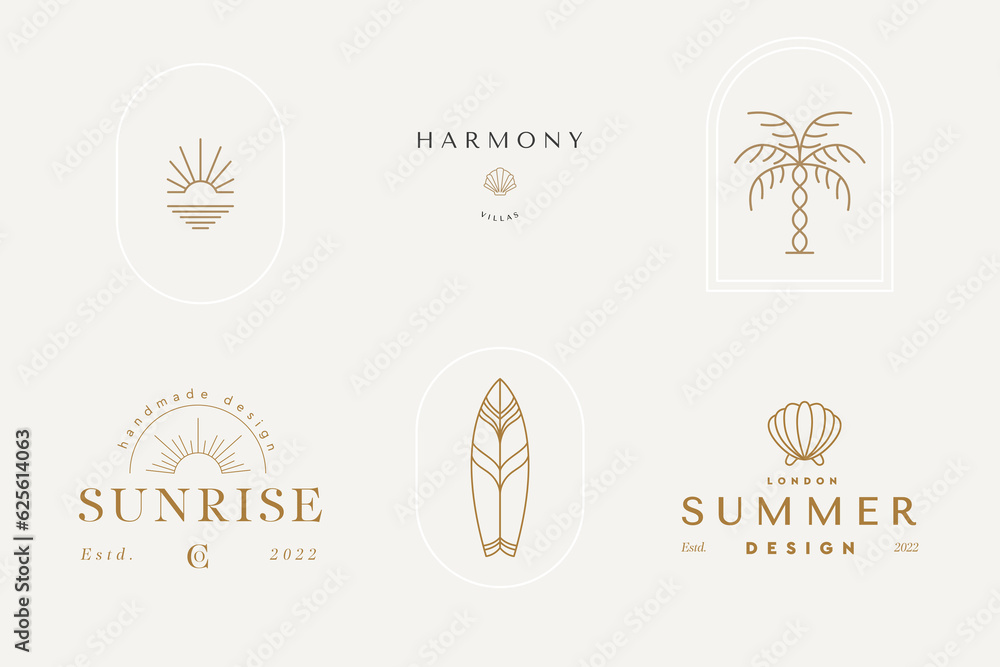 Naklejka premium Abstract logo template with images of female, sunset, palm, moon, flower. Modern minimal set of linear icons and emblems for social media, accommodation rental and travel services.