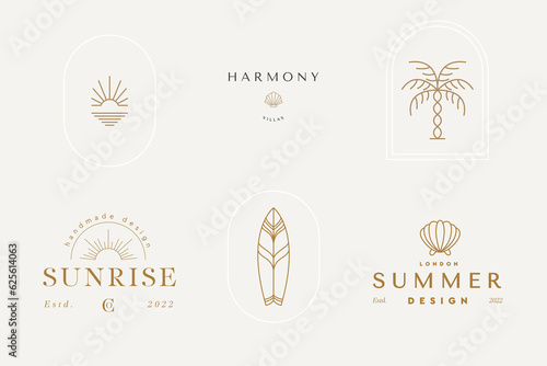 Abstract logo template with images of female, sunset, palm, moon, flower. Modern minimal set of linear icons and emblems for social media, accommodation rental and travel services.
