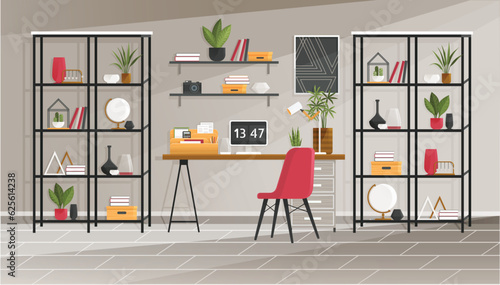 Home office interior. Vector illustration. Interior for freelancer study room furniture Freelance or studying concept Concept for telework, free lance workers, workers at home Classic homeoffice