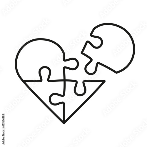 Jigsaw in Heart Shape with Missing Piece Line Icon. Puzzle Pieces Match Together Human Relationships, Love, Romance Dating, Harmony Linear Pictogram. Editable Stroke. Isolated Vector Illustration