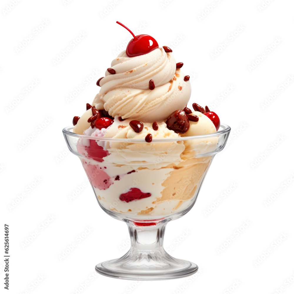 Sundae ice cream in glass bowl isolated on transparent background. AI Generated