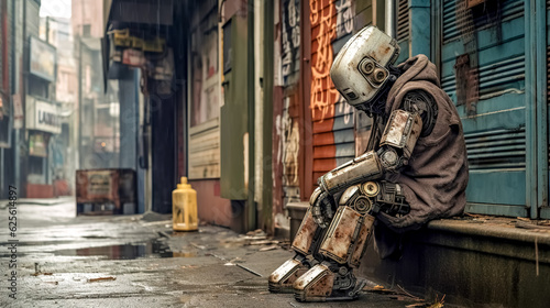 old rusty abandoned homeless robot in the city streets, made with Generative AI