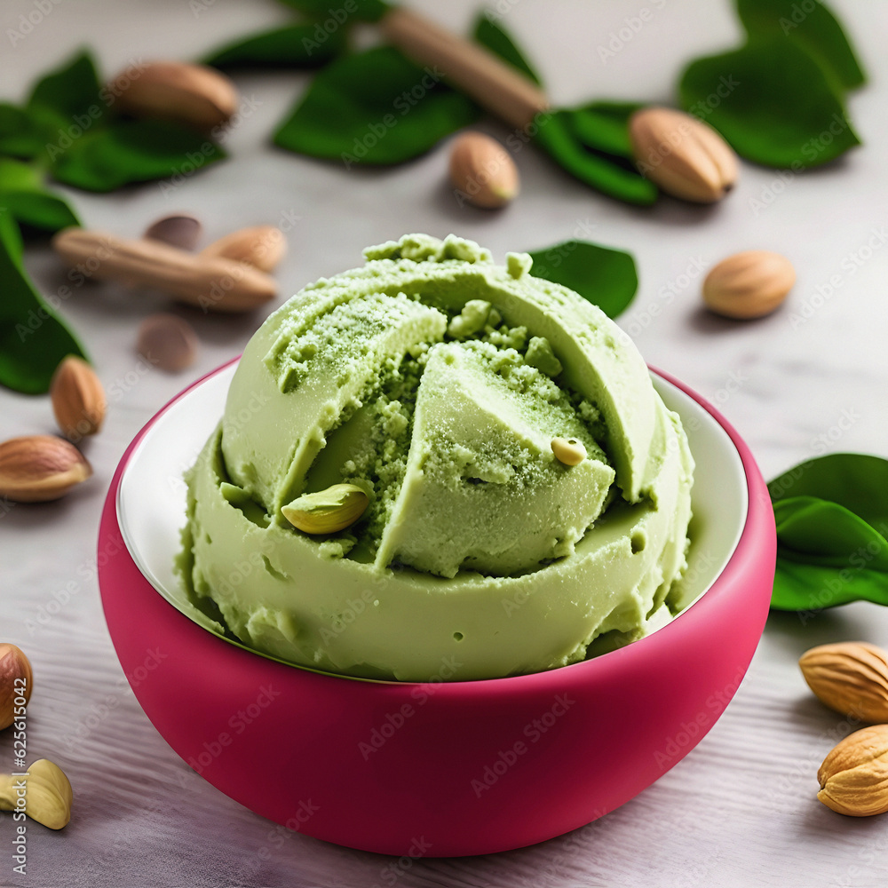 Refreshing Delicious Pistachio Ice Cream inside a Blow Refreshing Delicious Pistachio Ice Cream inside a Blow