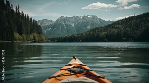 kayak on lake with mountains and forests in background. © Matthew