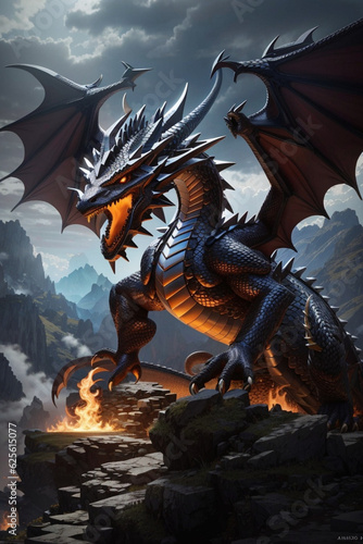 Black Dragon Flying over Fantasy Mountains