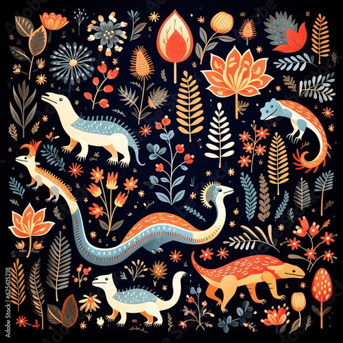 Discover an Enchanting World  A Playful Pattern with Dinosaurs and Flowers on a Mysterious Black Background. Let Your Imagination Roam in this Whimsical Design. AI Generated