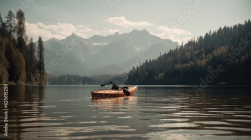 kayak on lake with mountains and forests in background.
