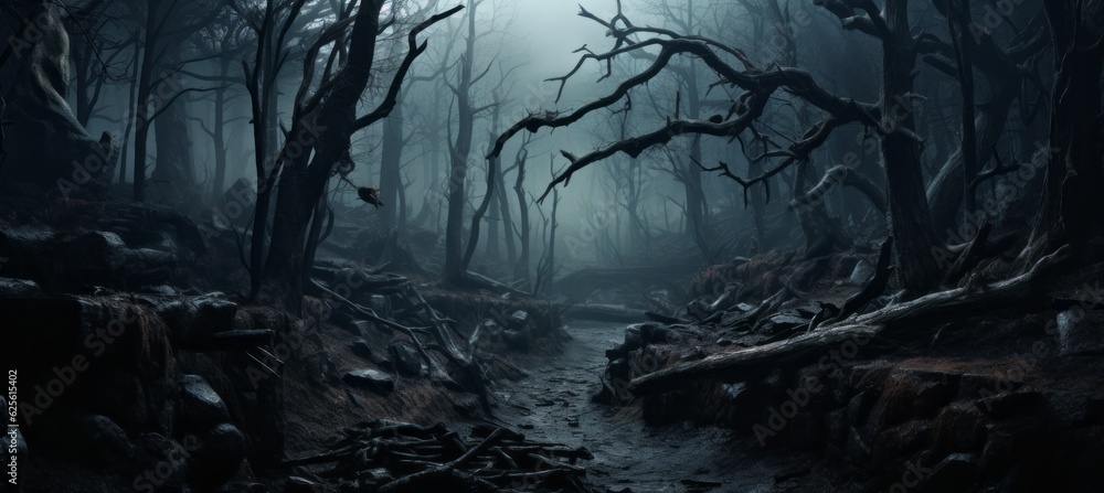 Halloween dark forest horror melancholic dark background. Generative AI technology.