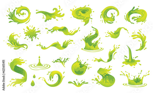 Green juice or water or oil splash. River splashes, green waves, spray, spill, dripping water drops. Lime, mojito realistic flow vector illustration. Green tea water splash expose set, aloe juice drop