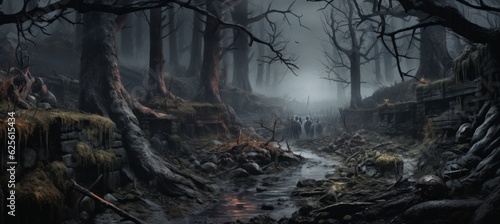 Haunted spooky forest horror melancholic dark background. Generative AI technology.