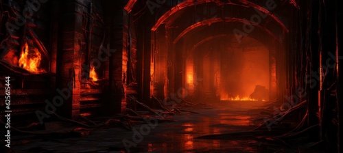 Red corridor horror dark background. Generative AI technology.