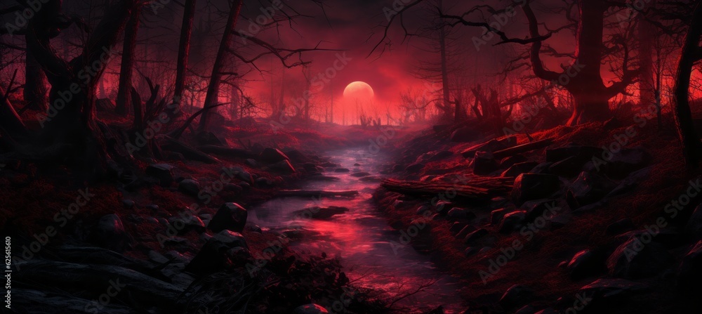 Mysterious red forest horror dark night background. Generative AI technology. - obrazy, fototapety, plakaty 