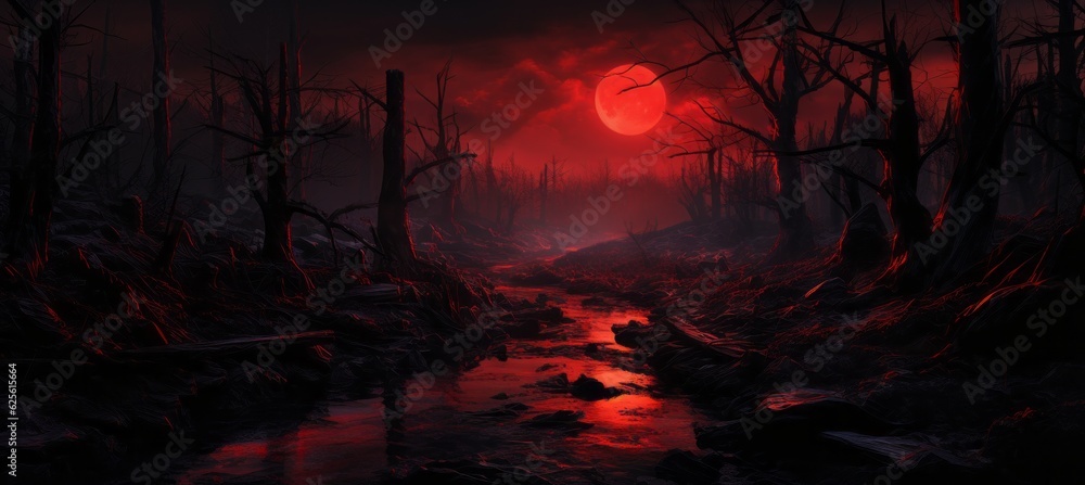 Dark red forest horror melancholic night background. Generative AI technology. Dark red forest horror melancholic night background. Generative AI technology.