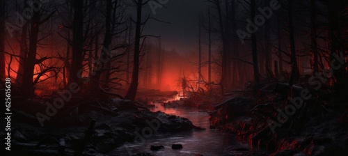 Horror red forest melancholic dark night background. Generative AI technology.
