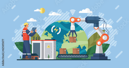 Automation business. Vector illustration. Manager engineers check and control automation robot machine in intelligent factory Artificial intelligence Industrial on real time monitoring system software