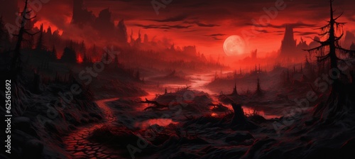 Bloody red forest horror dark night background. Generative AI technology.