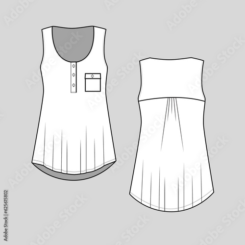 Women sleeveless blouse with placket and pocket t shirt top button panel back pleats gathering dip hem Fashion Flat sketch technical drawing template cad  Design Vector