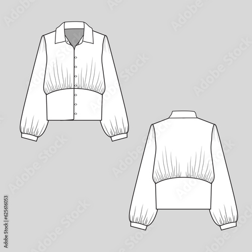 Womens blouse Gathered waist collar full open button panel long sleeve t shirt top fashion flat sketch cad mock up technical drawing template design vector