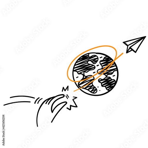 hand drawn doodle paper plane flying on world map illustration vector