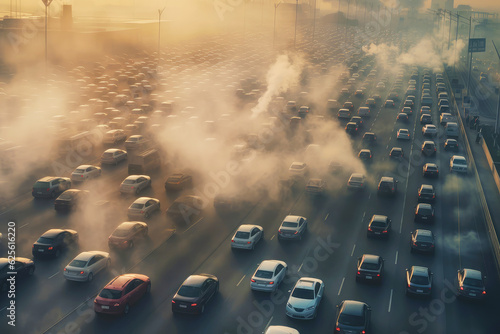 City highway surrounded by smog. Exhaust gases from dense car traffic. The issue of energy consumption and air pollution in the urban environment. Aerial view
