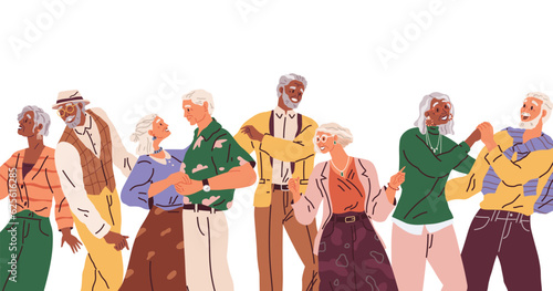 Old people dancing. Vector illustration. Holding hands while dancing. Old characters dating, love. Active funny old couple dancing at party. Grandparents celebrating anniversary. Man woman hold hand