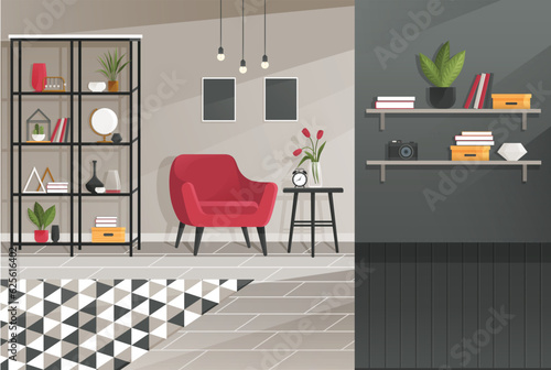Home office interior. Vector illustration. Interior for freelancer study room furniture Freelance or studying concept Concept for telework, free lance workers, workers at home Classic homeoffice
