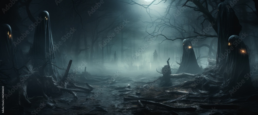 Mysterious forest horror melancholic dark background. Generative AI technology.