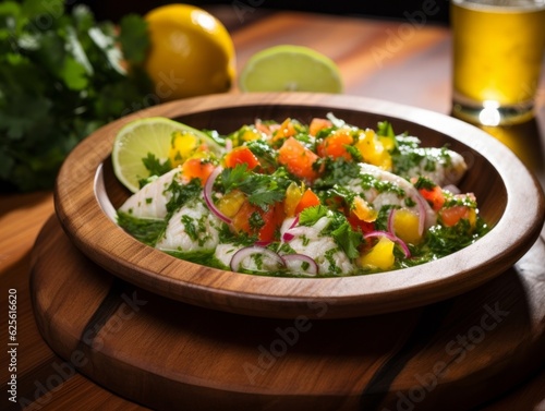 Ceviche de Camarón, showing its rich citrus and herb dressing, presented beautifully with a garnish of fresh cilantro on a wooden serving plate