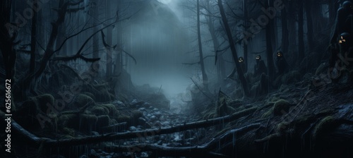Creepy woods forest horror melancholic dark background. Generative AI technology.