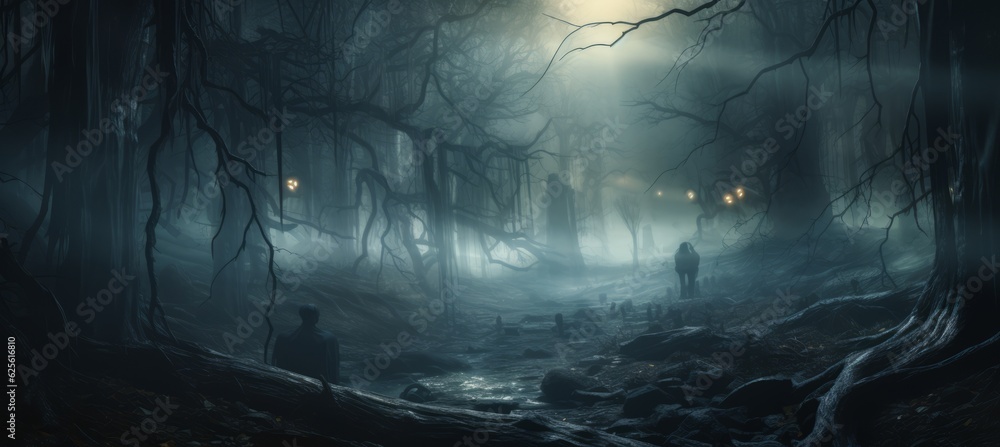Haunted dark forest horror melancholic background. Generative AI technology.