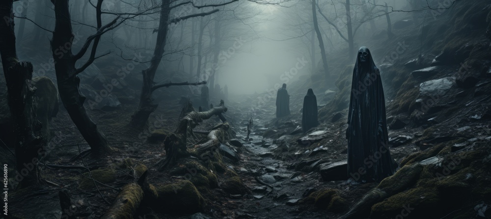 Fototapeta premium Haunted foggy dark forest background. Generative AI technology.