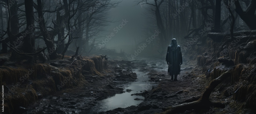 Mysterious dark figure standing on the foggy forest path background. Generative AI technology. Mysterious dark figure standing on the foggy forest path background. Generative AI technology.