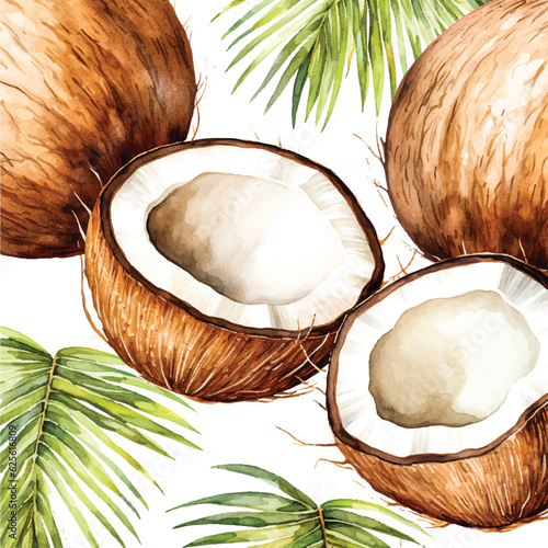 Watercolor Fresh ripe coconut, coconut half piece with white flesh. Tropical coconut fruits on white background.