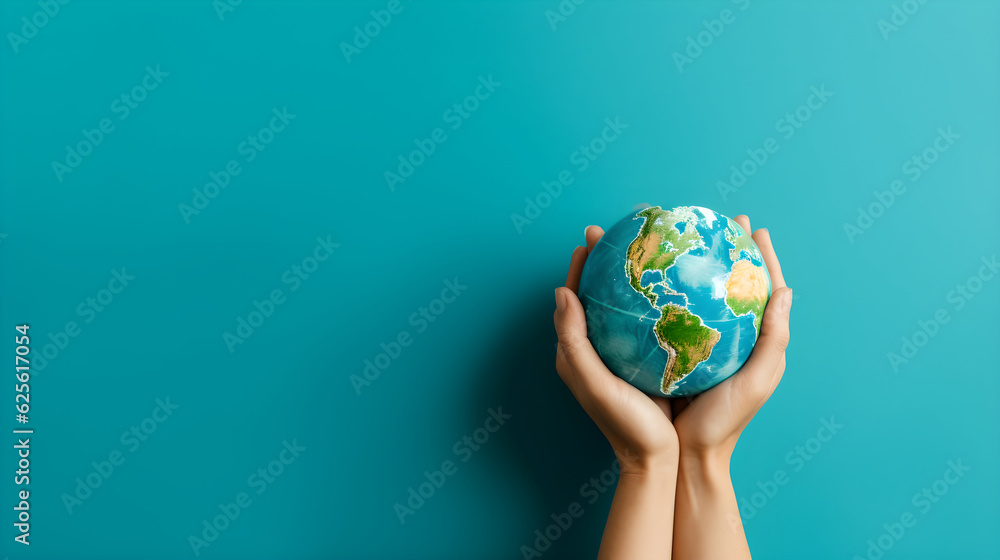 Earth was holding in human hands on blue background. Environmental protection concept. Energy saving concept. Generative ai Earth was holding in human hands on blue background. Environmental protection concept. Energy saving concept. Generative ai