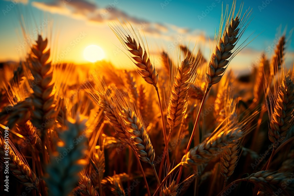 Sun shines over wheat field at sunset in a light yellow and emerald style. Eco-friendly, bright stage backgrounds with soft edges, combining natural elements, delicate, hyper-realistic. AI generation Sun shines over wheat field at sunset in a light yellow and emerald style. Eco-friendly, bright stage backgrounds with soft edges, combining natural elements, delicate, hyper-realistic. AI generation