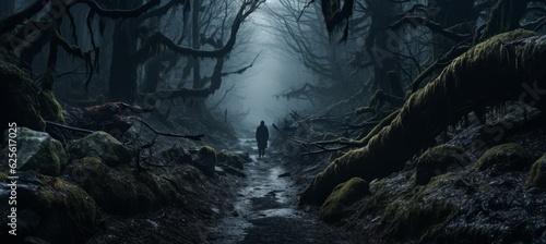 Misty creepy dark forest horror melancholic background. Generative AI technology.