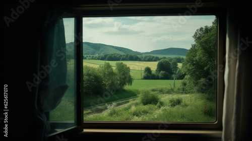 Landscape beautiful view out of window from riding train among summer nature with hills.