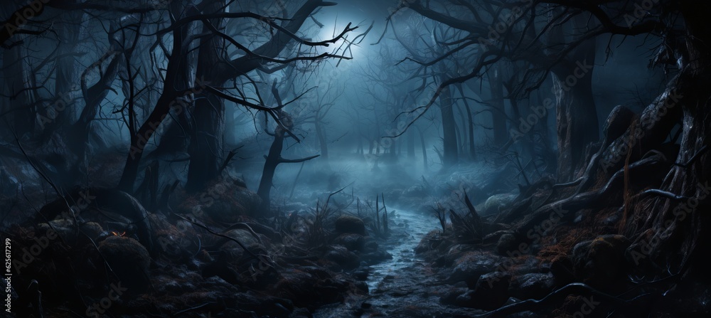 Dark horror forest path melancholic night background. Generative AI technology.