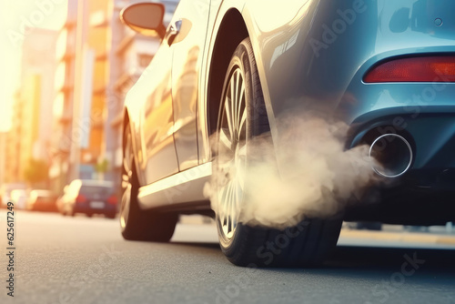 Thick smoke and exhaust gases emitted from car exhaust pipes. The problem of air pollution. The impact of cars on climate change and the environment