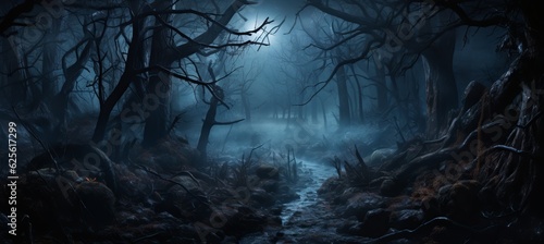 Dark horror forest path melancholic night background. Generative AI technology.