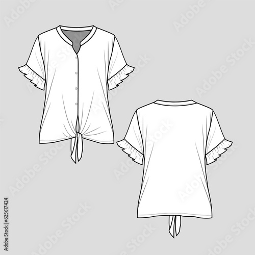Womens front tie knot ruffle sleeves Mandarin collar henley full open button panel t-shirt top blouse  fashion flat sketch technical drawing  template design vector